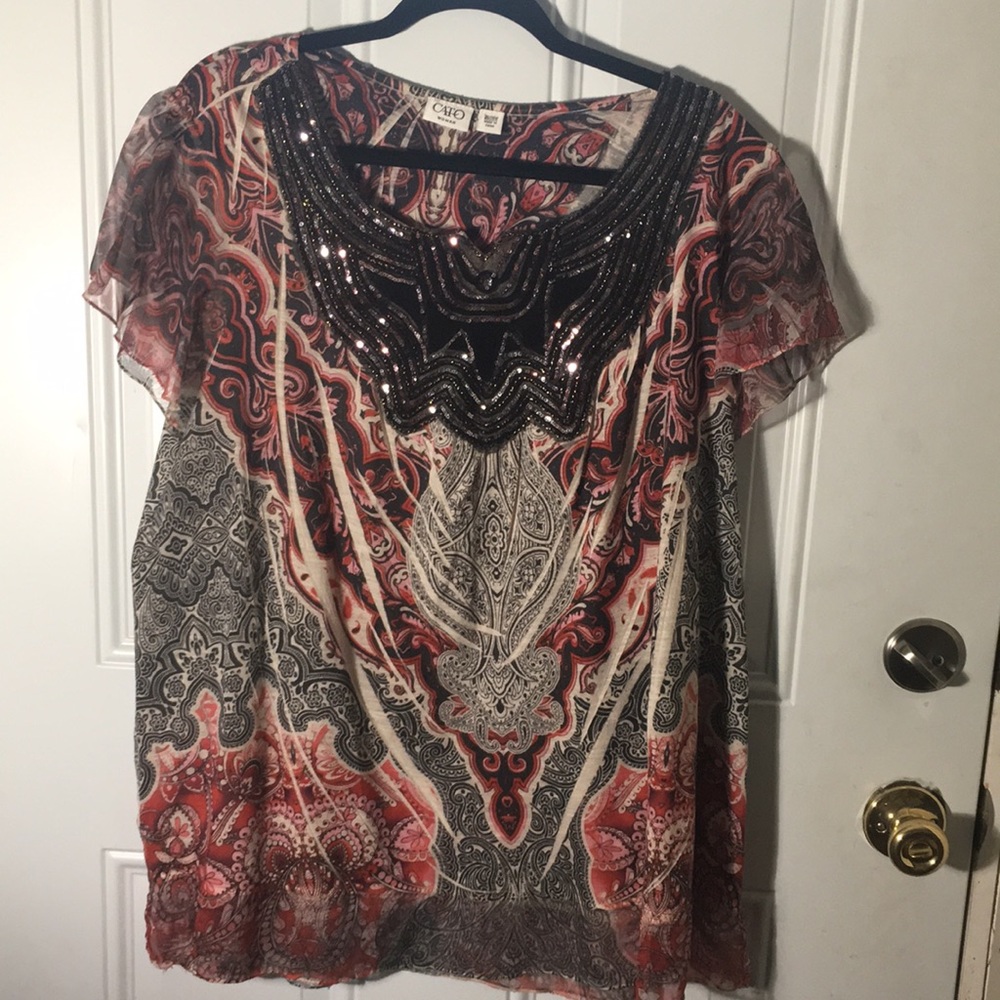 Cato Woman woman’s cap sleeved scoop neck w/sequins tunic blouse size 26/28